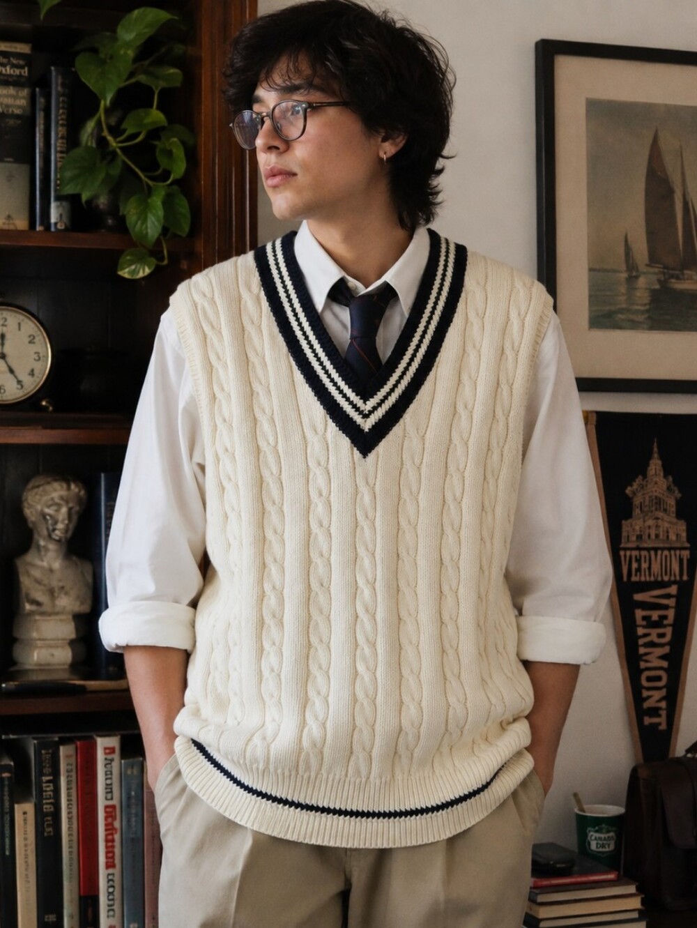 L Vintage Preppy Woods & Gray Mens Cream Cable Knit V-Neck Sweater Vest
